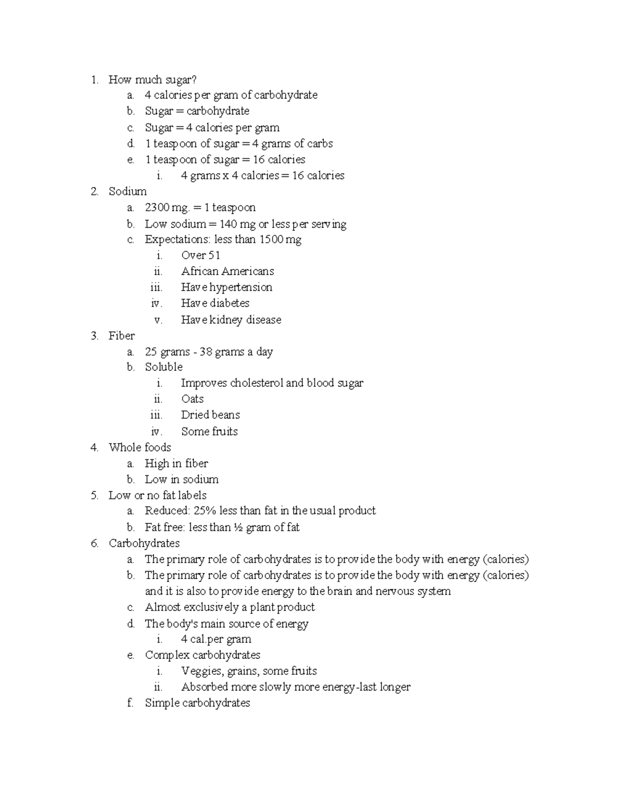 Diet Class Notes How Much Sugar A 4 Calories Per Gram Of