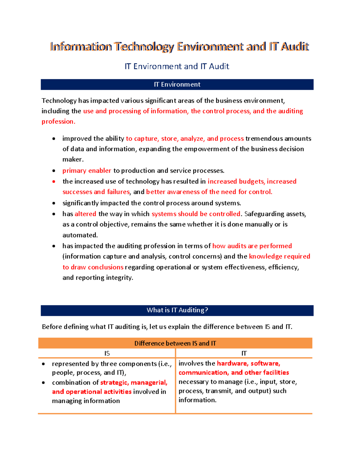 (CIS) IT Environement And IT Audit - IT Environment And IT Audit IT ...