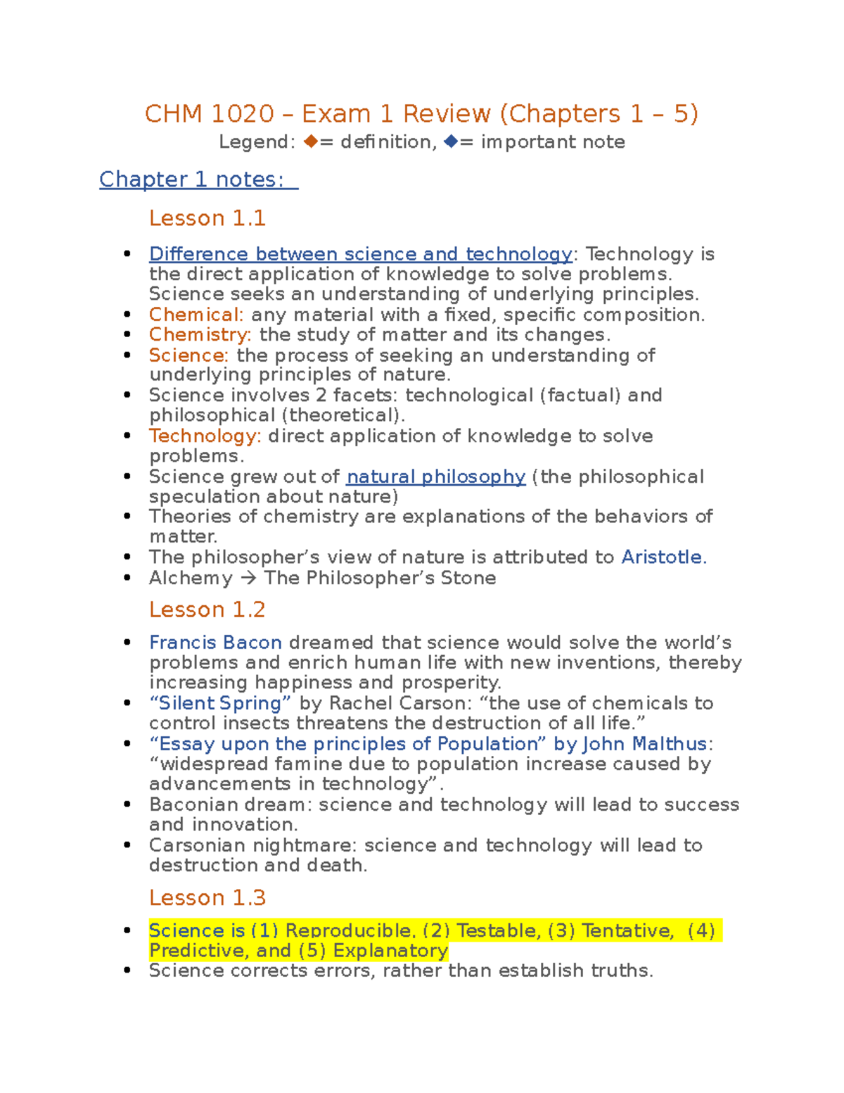 Exam One Review - CHM 1020 – Exam 1 Review (Chapters 1 – 5) Legend ...