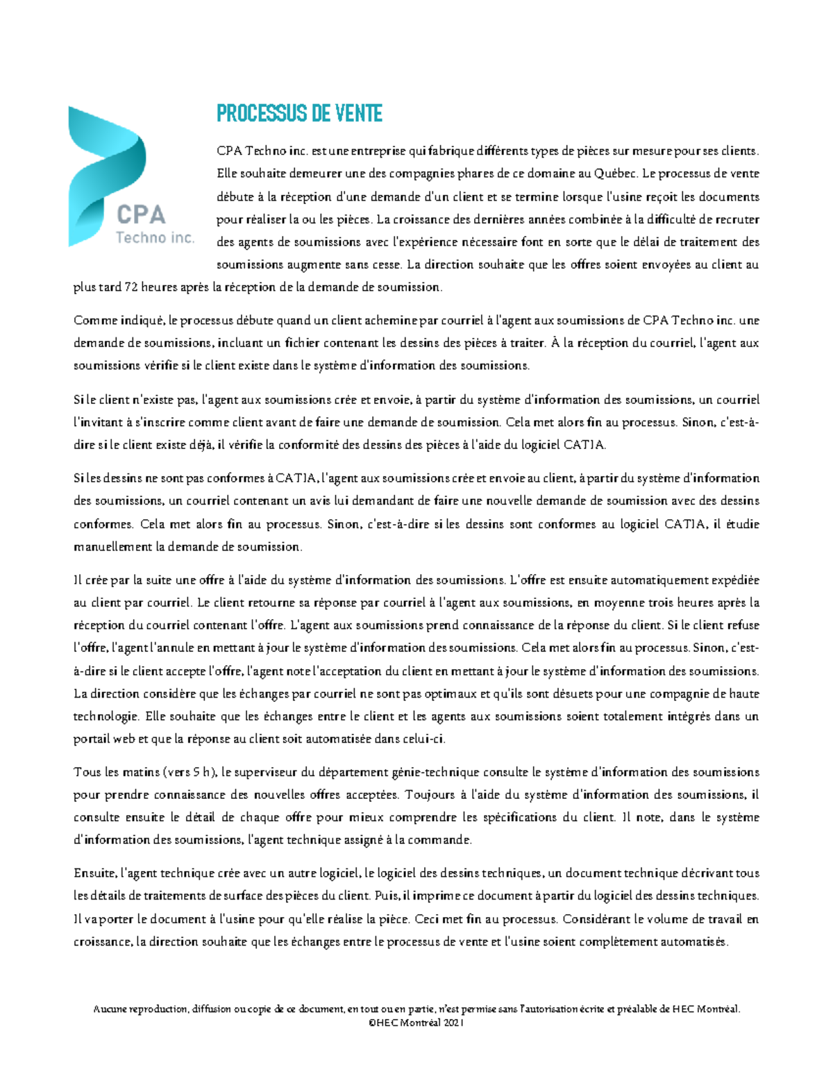 Cas CPA Techno A2022 - Travail de cas à ire et effectuer - Aucune ...