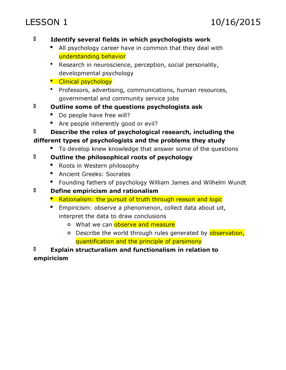 Psych Objectives Lecture Notes Lectures Complete LESSON Identify Several