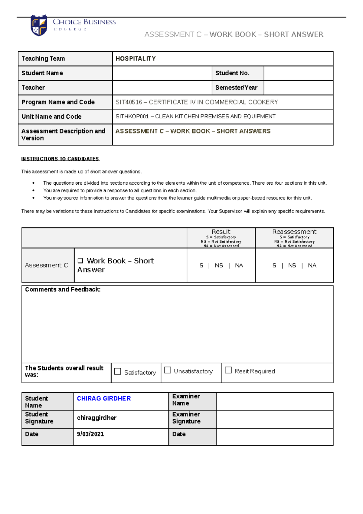 Assessment C Work Book 1 - ASSESSMENT C – WORK BOOK – SHORT ANSWER ...