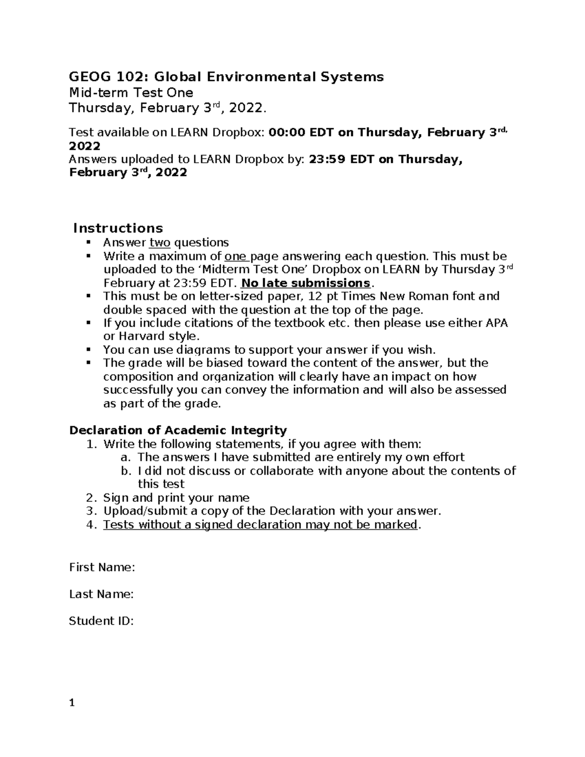 Midterm TEST ONE GEOG 102 - GEOG 102: Global Environmental Systems Mid ...