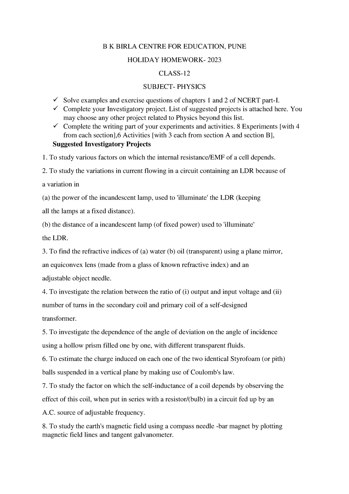 holiday homework for class 12 physics