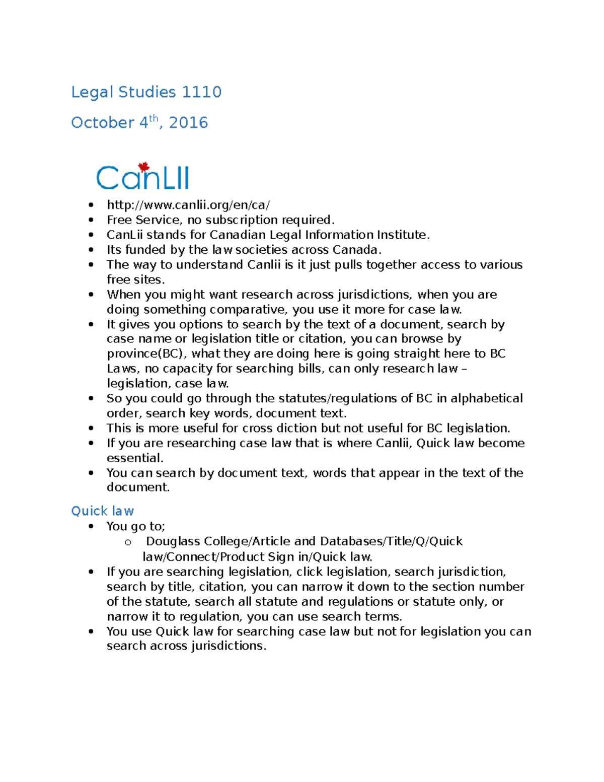 Notes Oct 4th Lecture Notes Lgst 1110 Legal Research - 