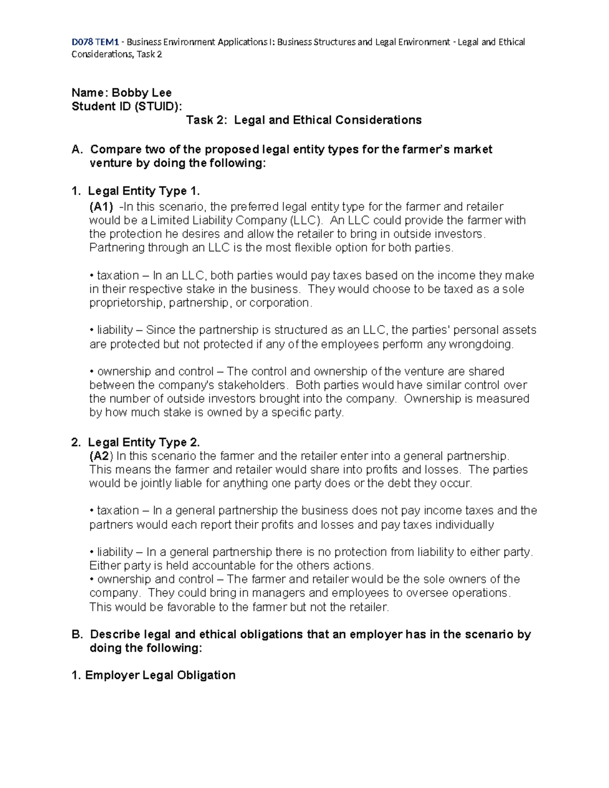 D078 - Task 2 - D078 task 2 - D078 TEM1 - Business Environment ...