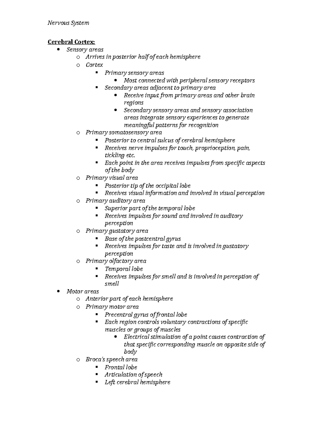 Cerebral Cortex Lecture Notes - Cerebral Cortex: Sensory areas o ...