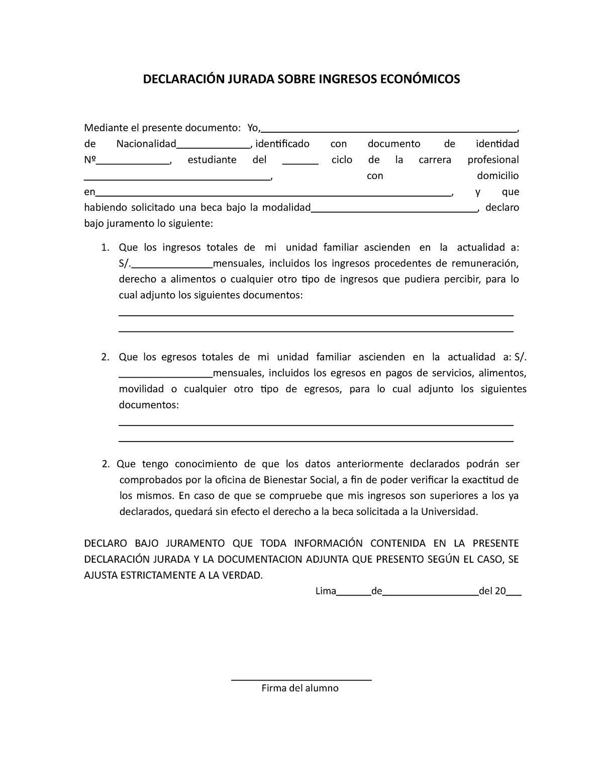 Declaración Jurada Sobre Ingresos Económicos Word DeclaraciÓn Jurada Sobre Ingresos 3597