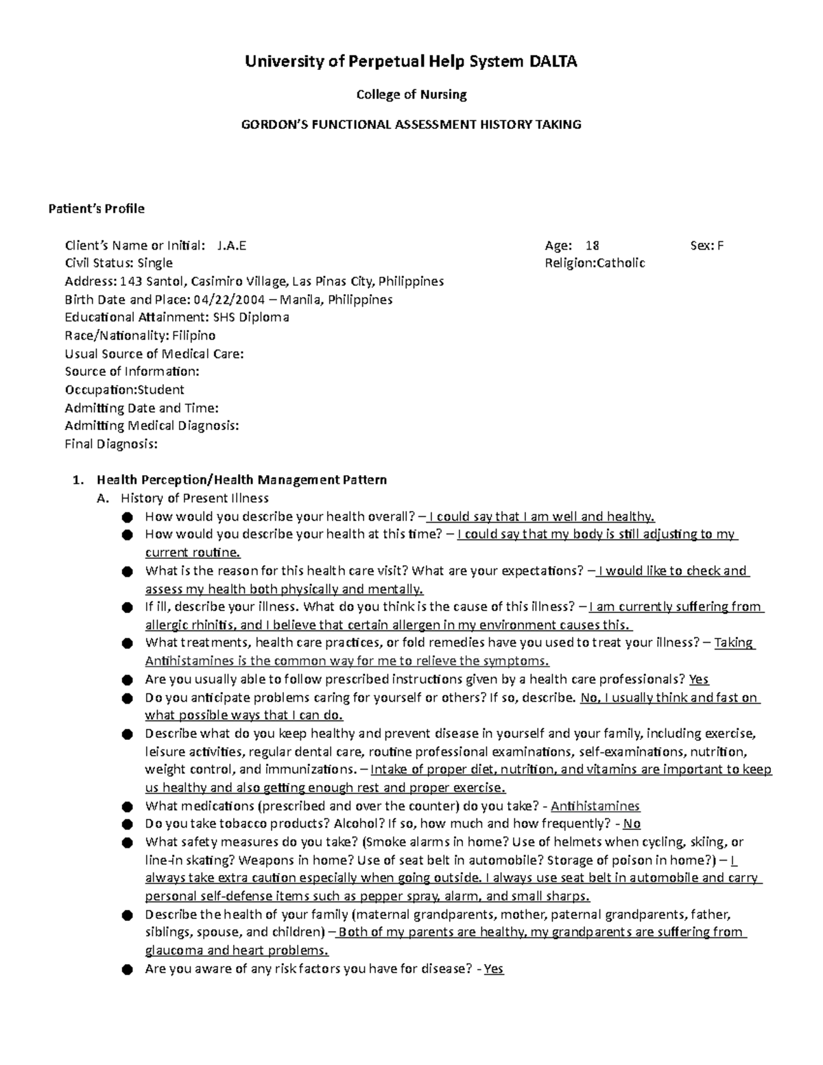 Gordons Functional Assessment History FORM - University of Perpetual ...