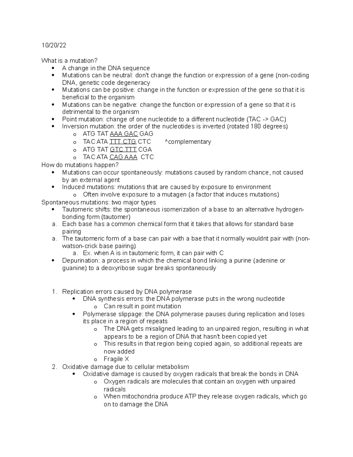BSC219 lecture notes 7 - 10/20/ What is a mutation? A change in the DNA ...