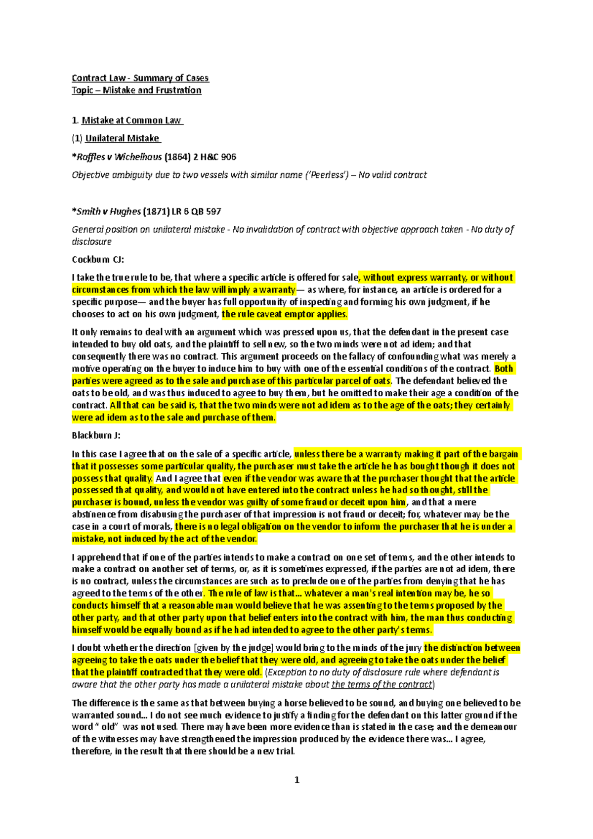 Contract Law Summary of Cases: Mistake and Frustration - Studocu