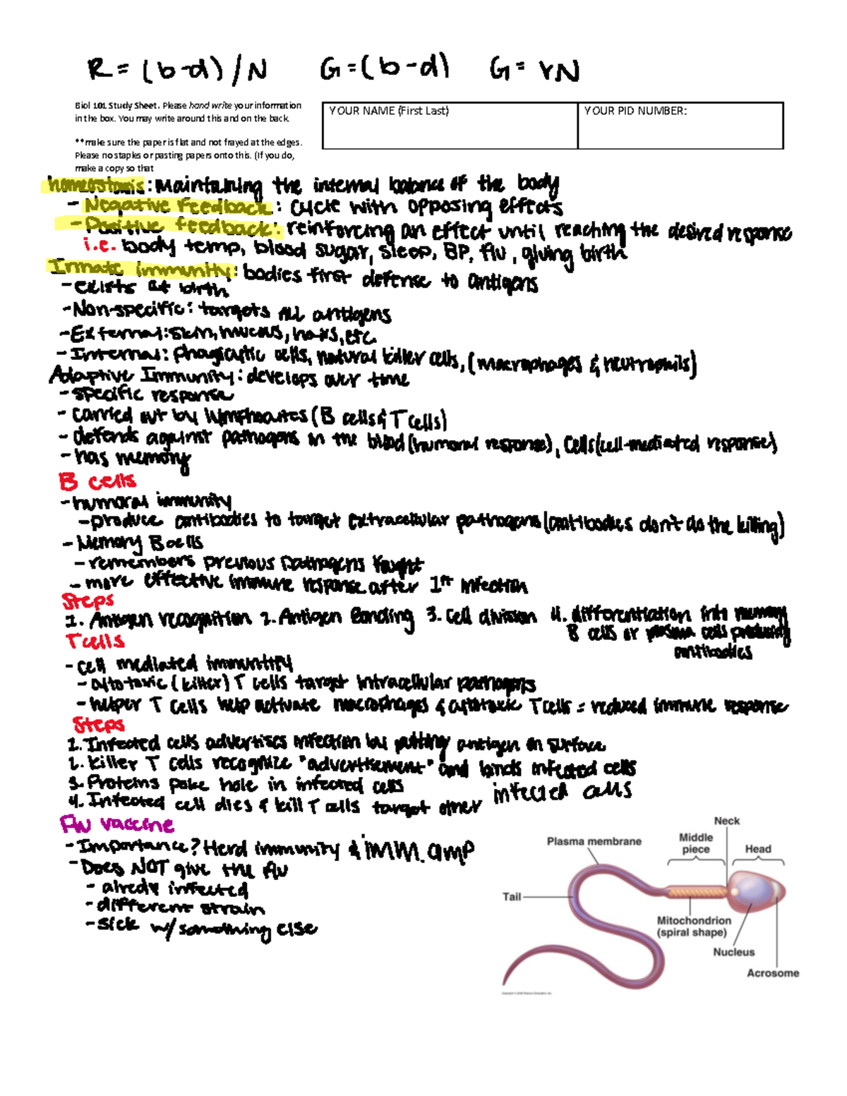 Biol 101 Test Study Sheet - BIO 101 - Biol 101 Study Sheet. Please Hand ...