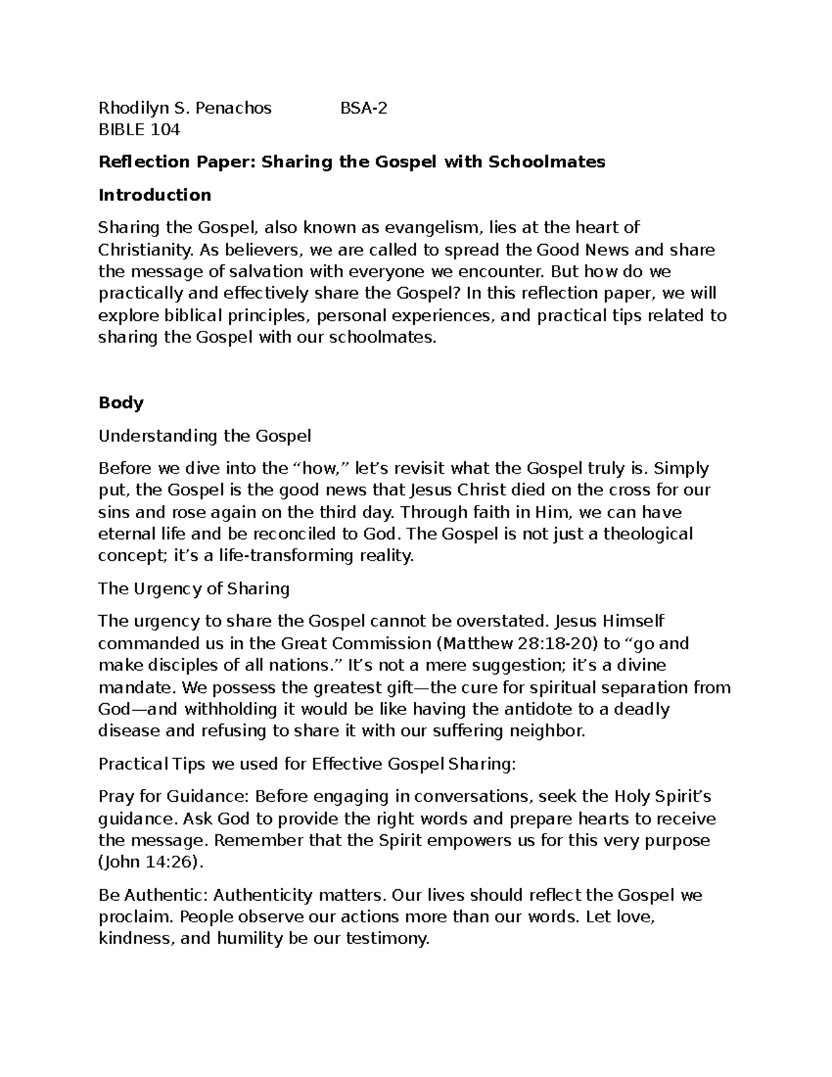 Bible 104 Reflection Paper - Rhodilyn S. Penachos BSA- BIBLE 104 ...