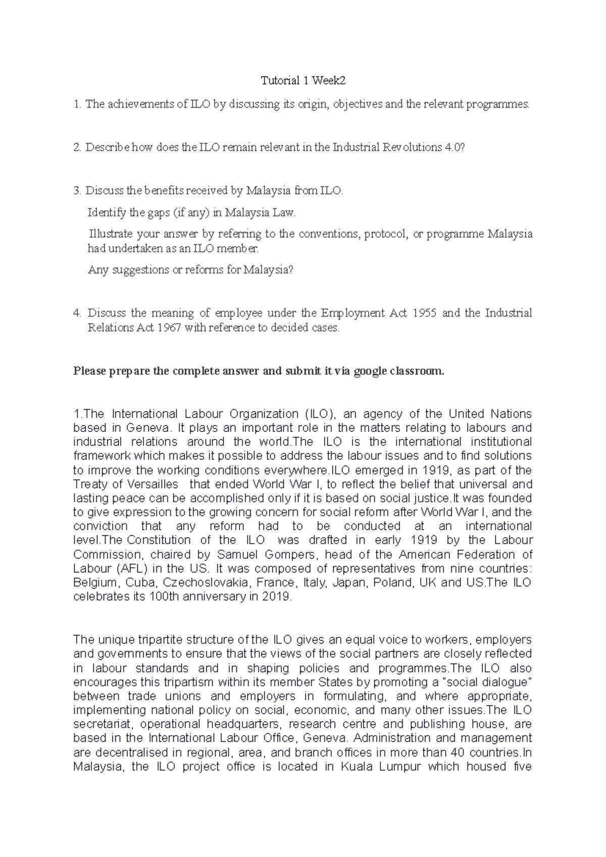 Tutorial 1 (Week 2) Tutorial 1 Week The achievements of ILO by