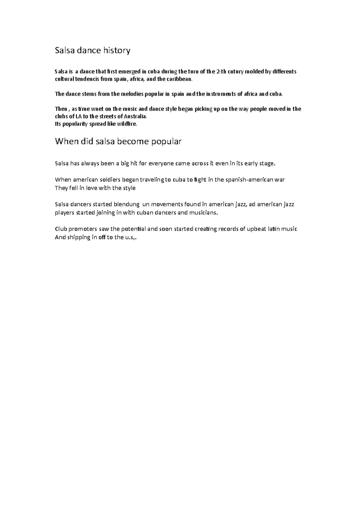 Salsa dance history - Notes - Salsa dance history Salsa is a dance that ...
