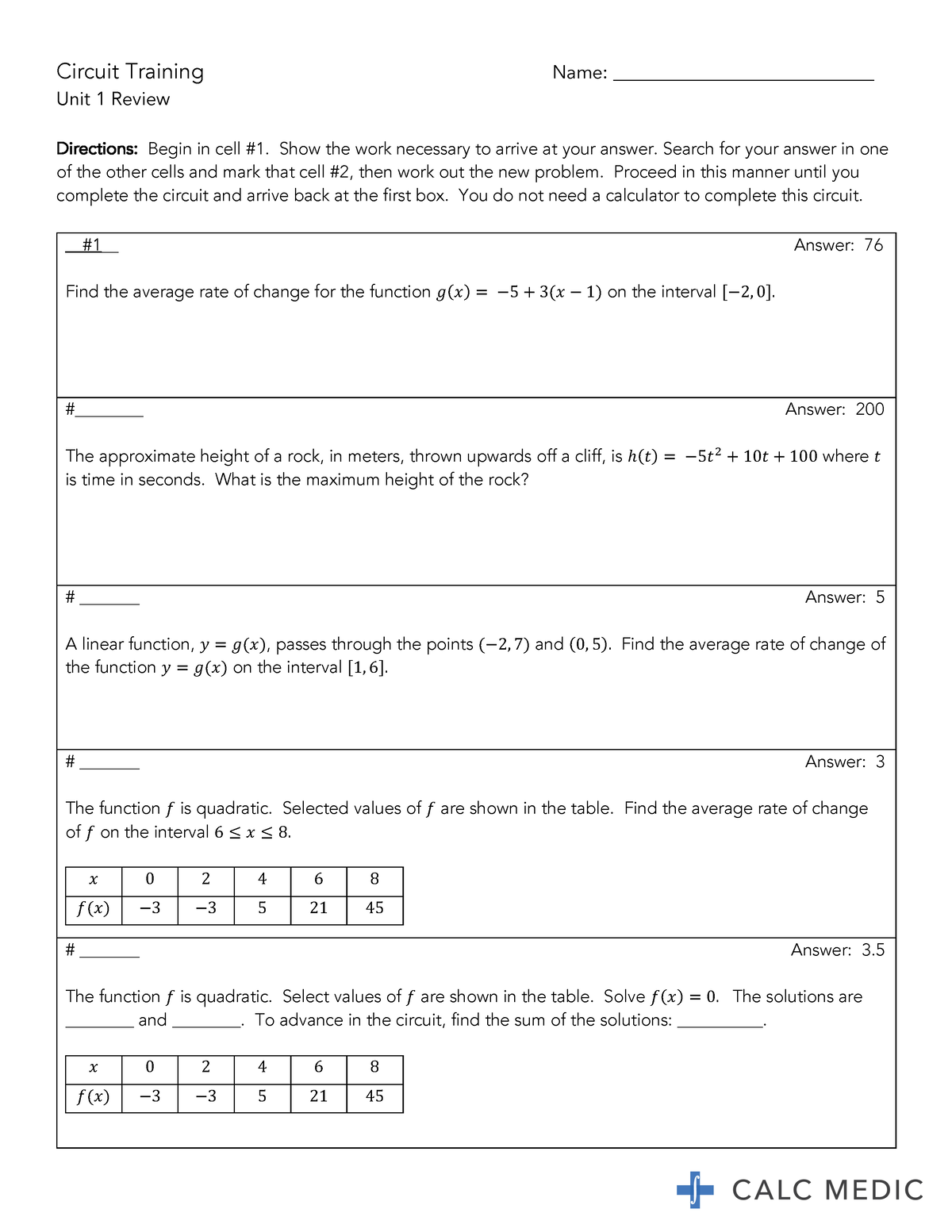 Unit 1 Review (AP Pre-Calculus) - Circuit Training Name ...