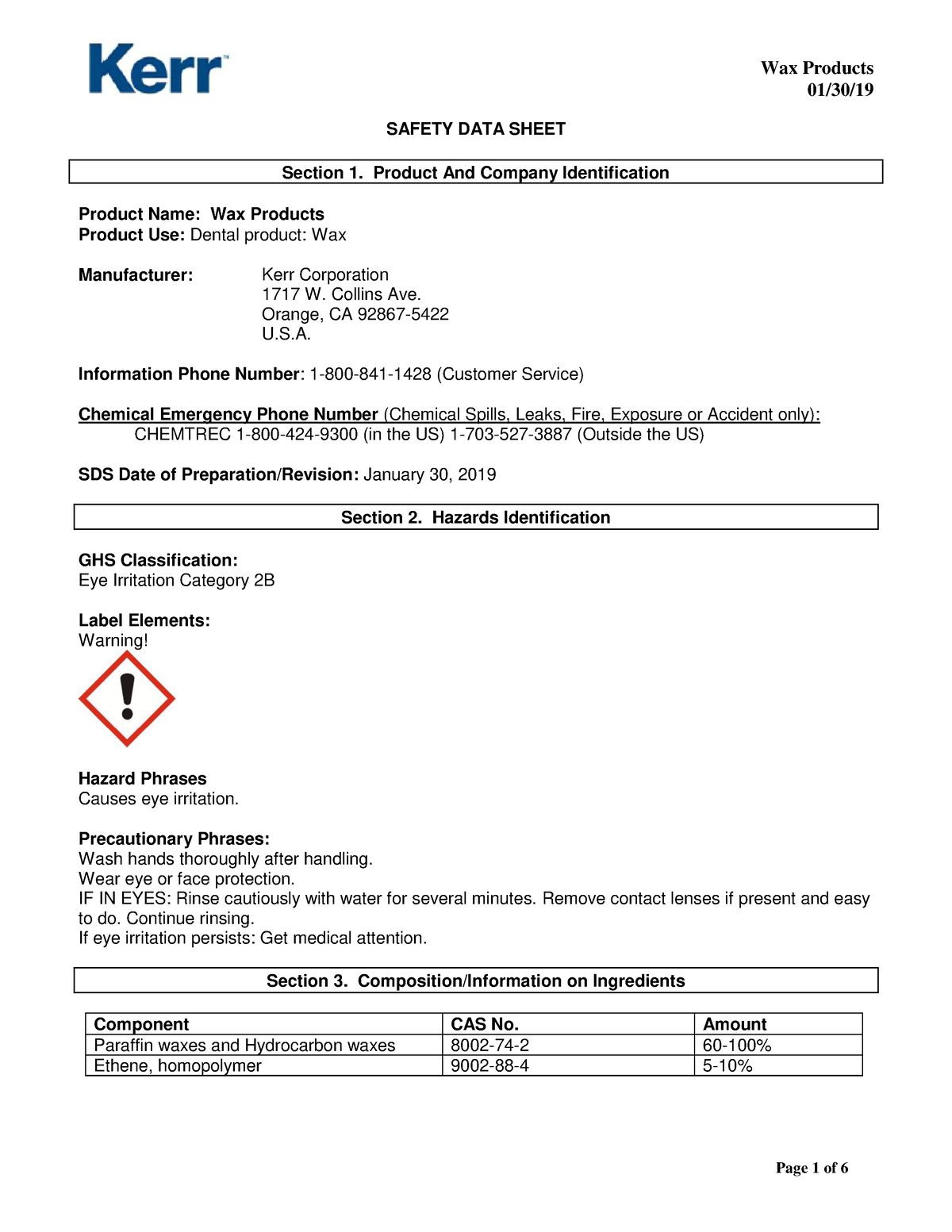 Wax Products (US) - ficha de seguridad - 01/30/ SAFETY DATA SHEET ...