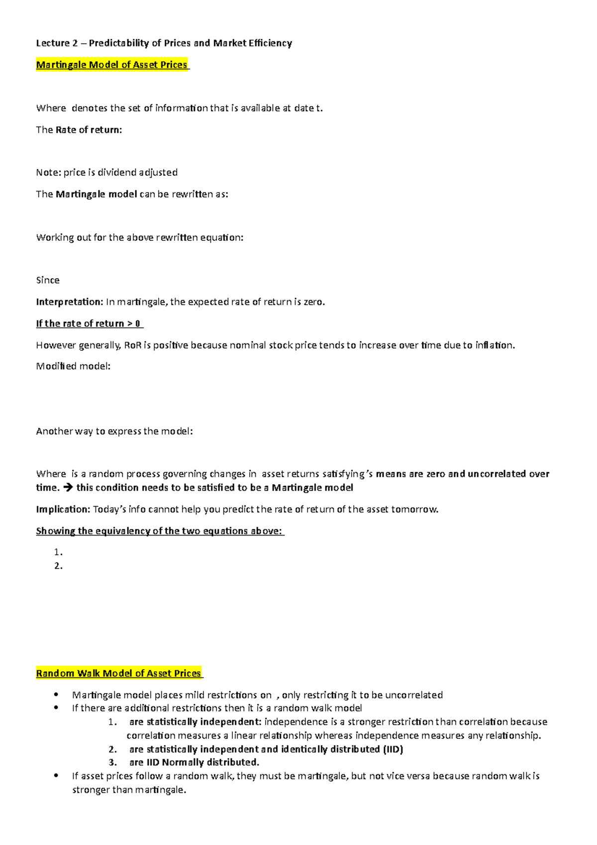 Lecture 2 - Lecture 2 – Predictability of Prices and Market Efficiency ...