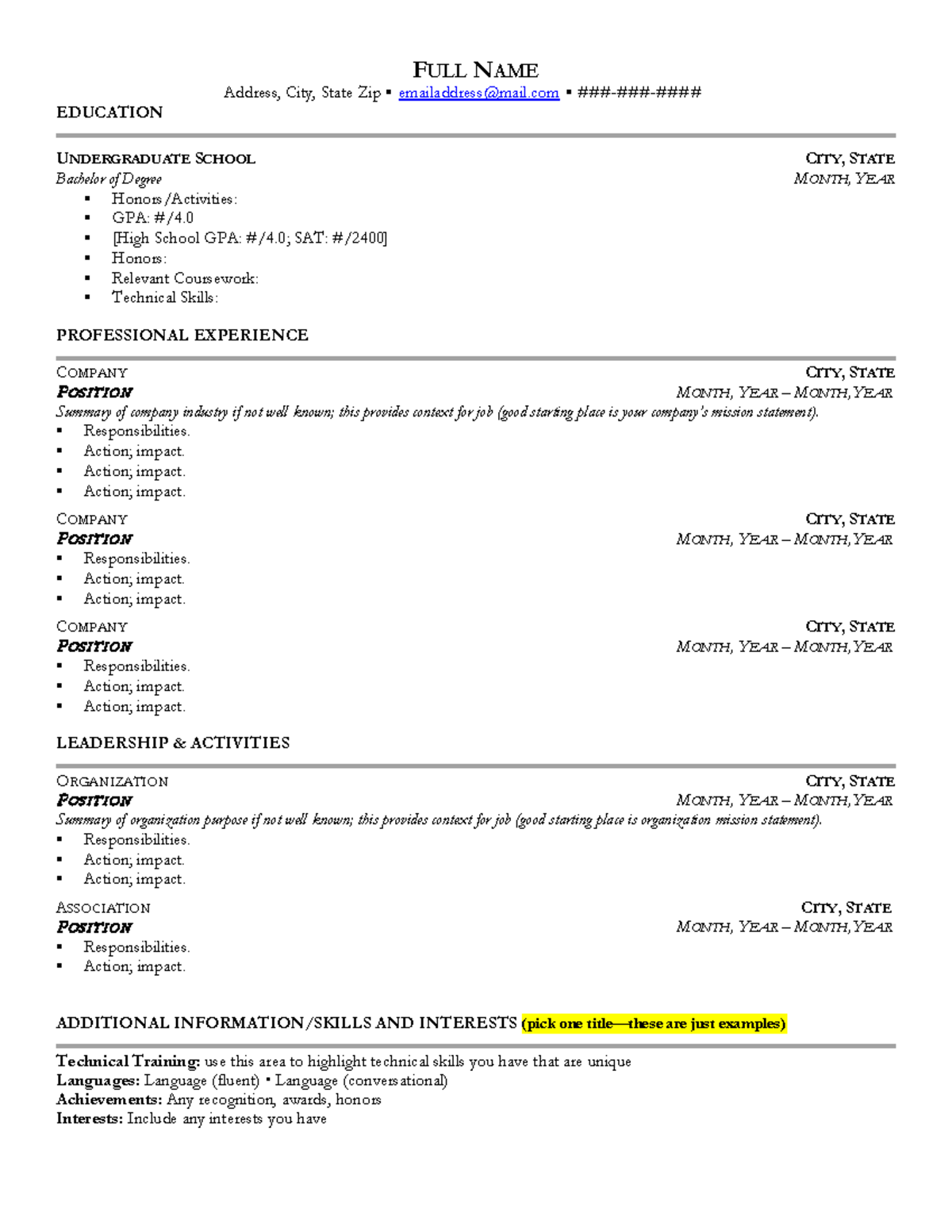 CV Template Sample - FULL NAME Address, City, State Zip Uemailaddress ...