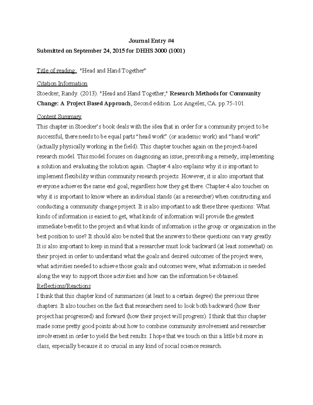 DHS 3000 Journal Entry 4 Journal Entry 4 Submitted on September 24