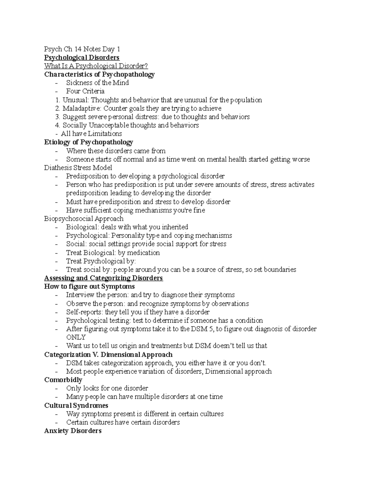 Psych Ch 14 Notes - Psych Ch 14 Notes Day 1 Psychological Disorders ...