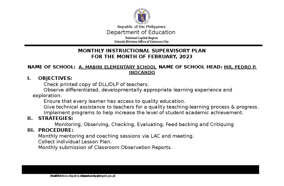 February 2023 Supervisory Department Of Education National Capital Region Schools Division