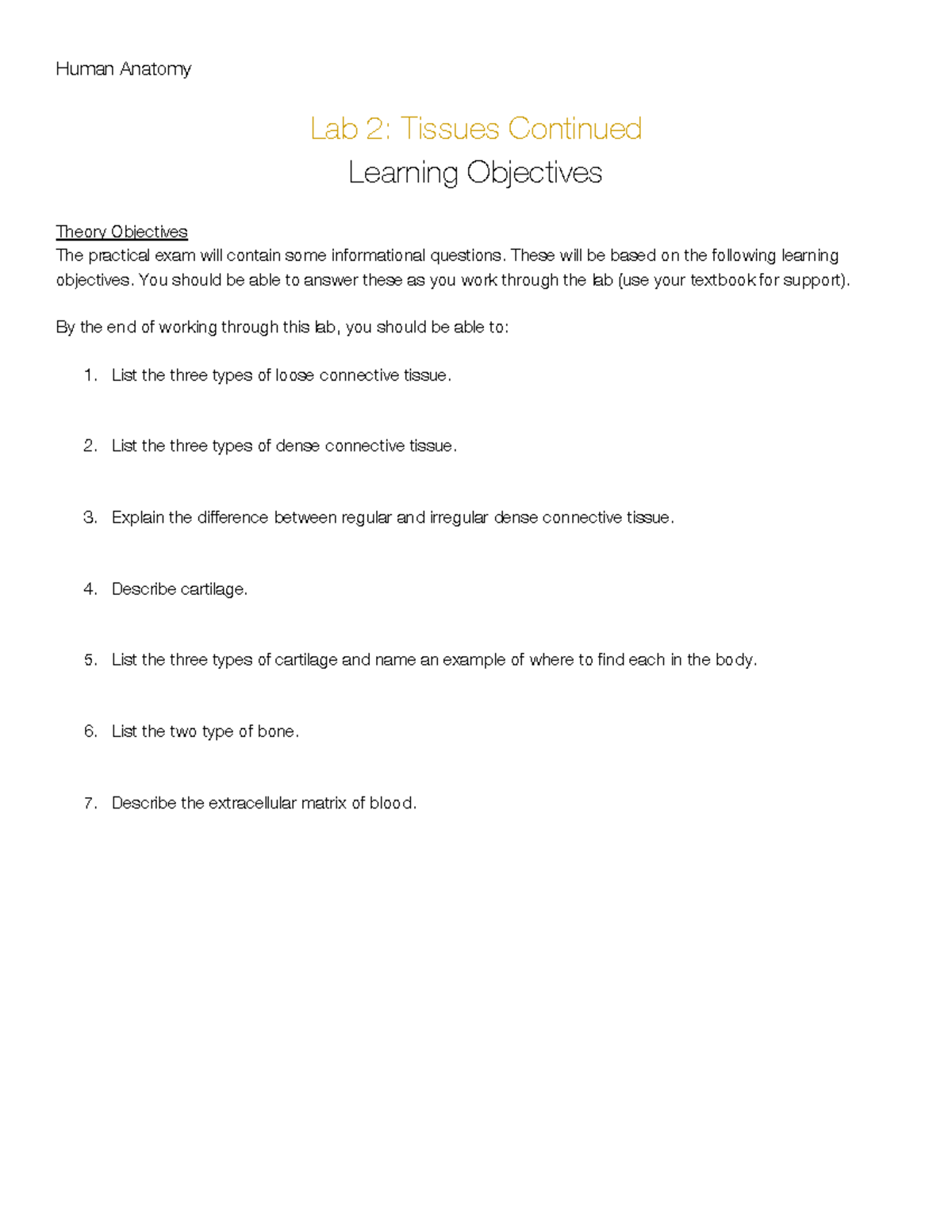 160 Lab 2 Objectives-2 - Human Anatomy Lab 2: Tissues Continued ...