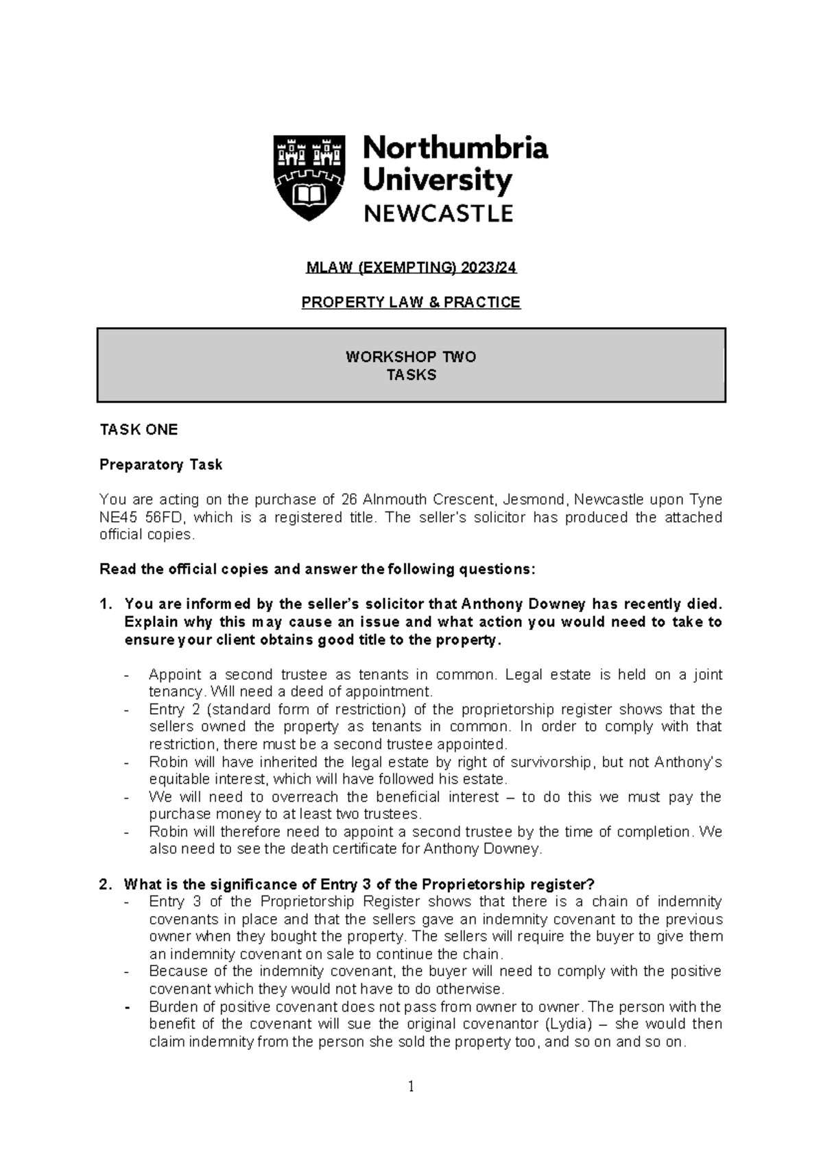Workshop 2 property law and practice - MLAW (EXEMPTING) 2023/ PROPERTY ...