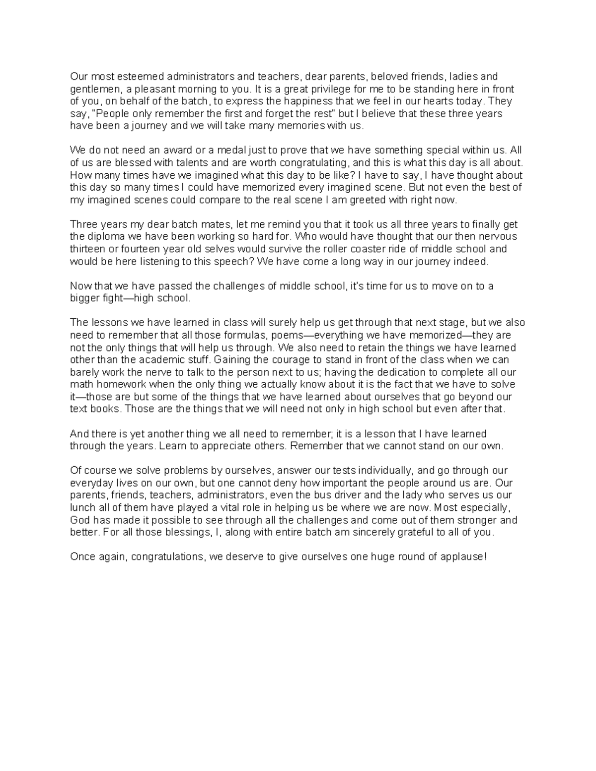 Middle School Graduation Speech - Our most esteemed administrators and ...