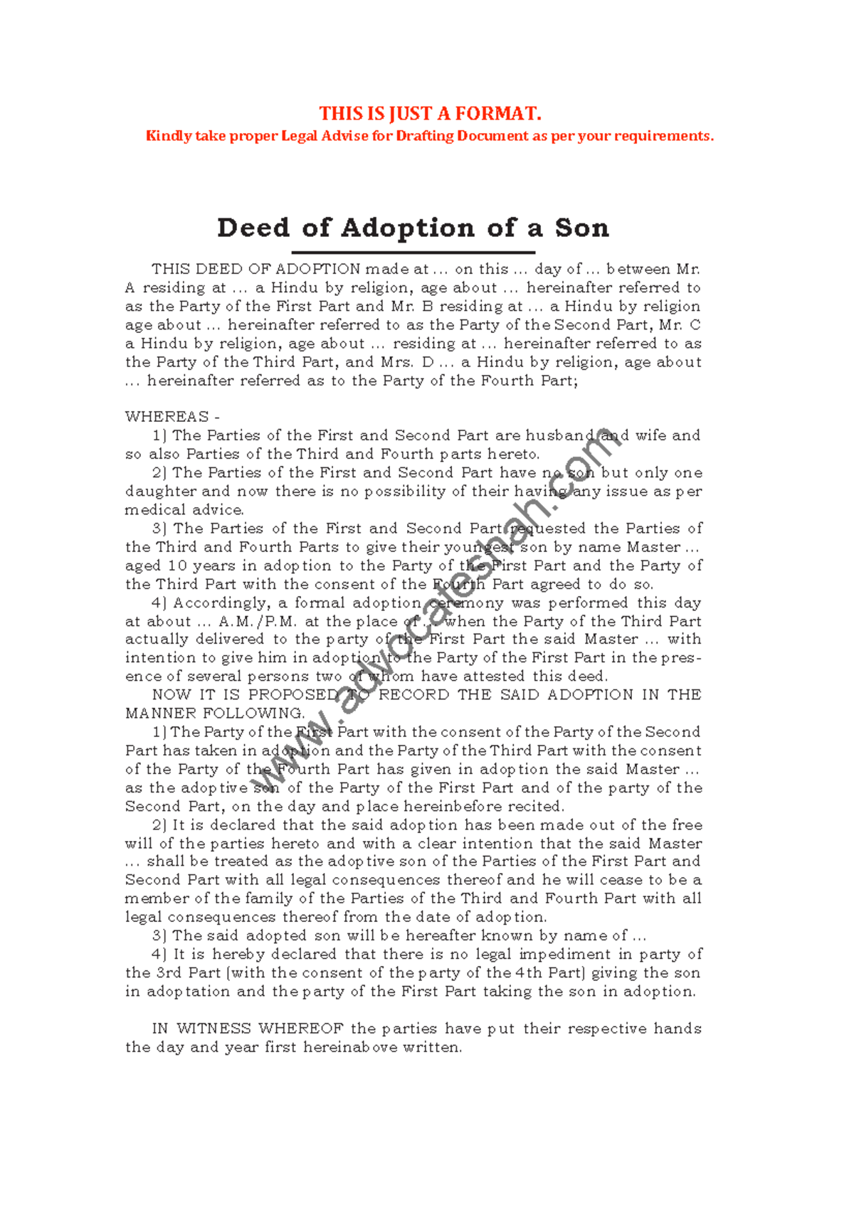 Deed of Adoption of Son - advocateshah 3546 Form No. 1 Deed of Adoption ...