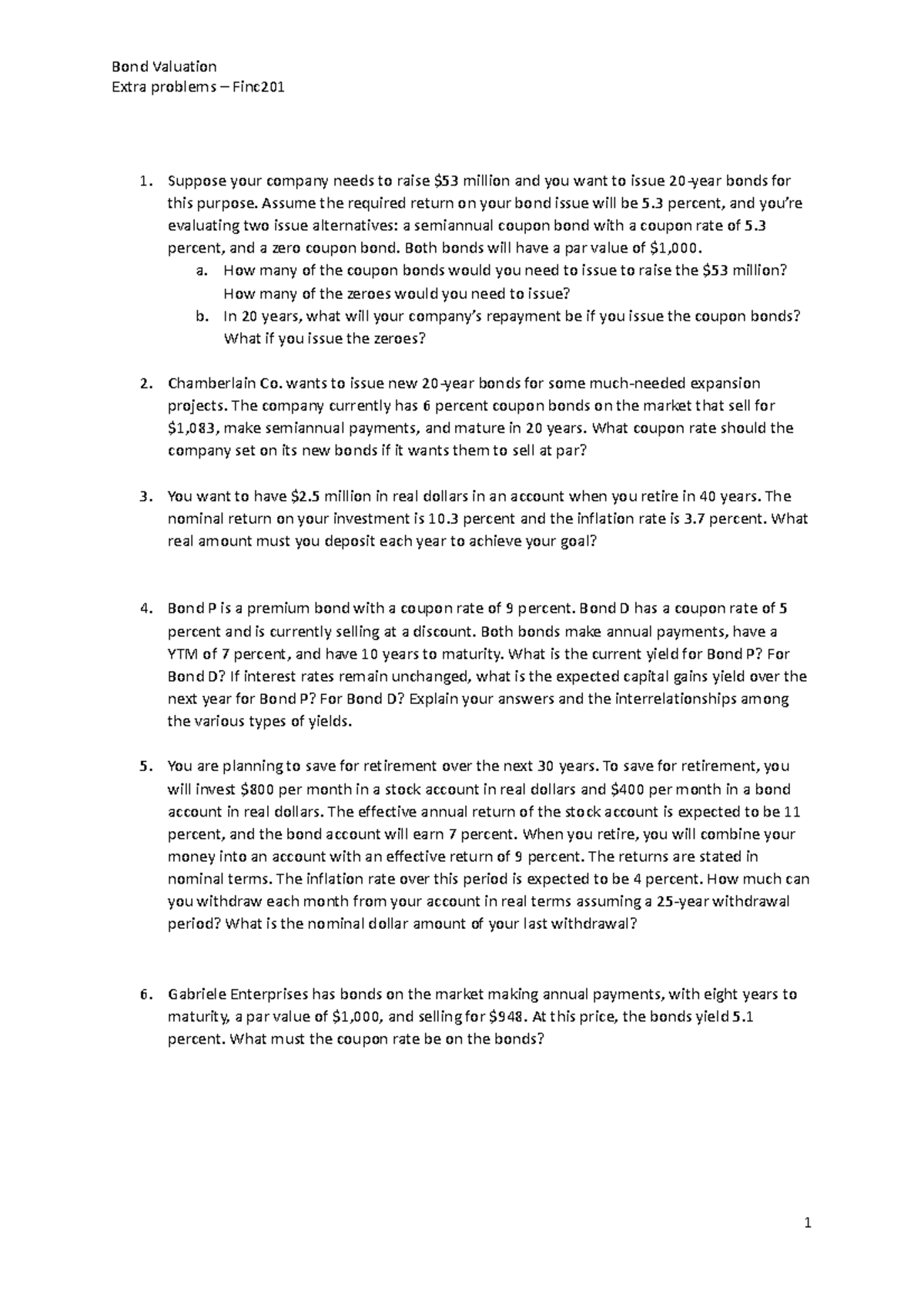 Bond valuation - extra problems - Bond Valuation Extra problems – Finc ...