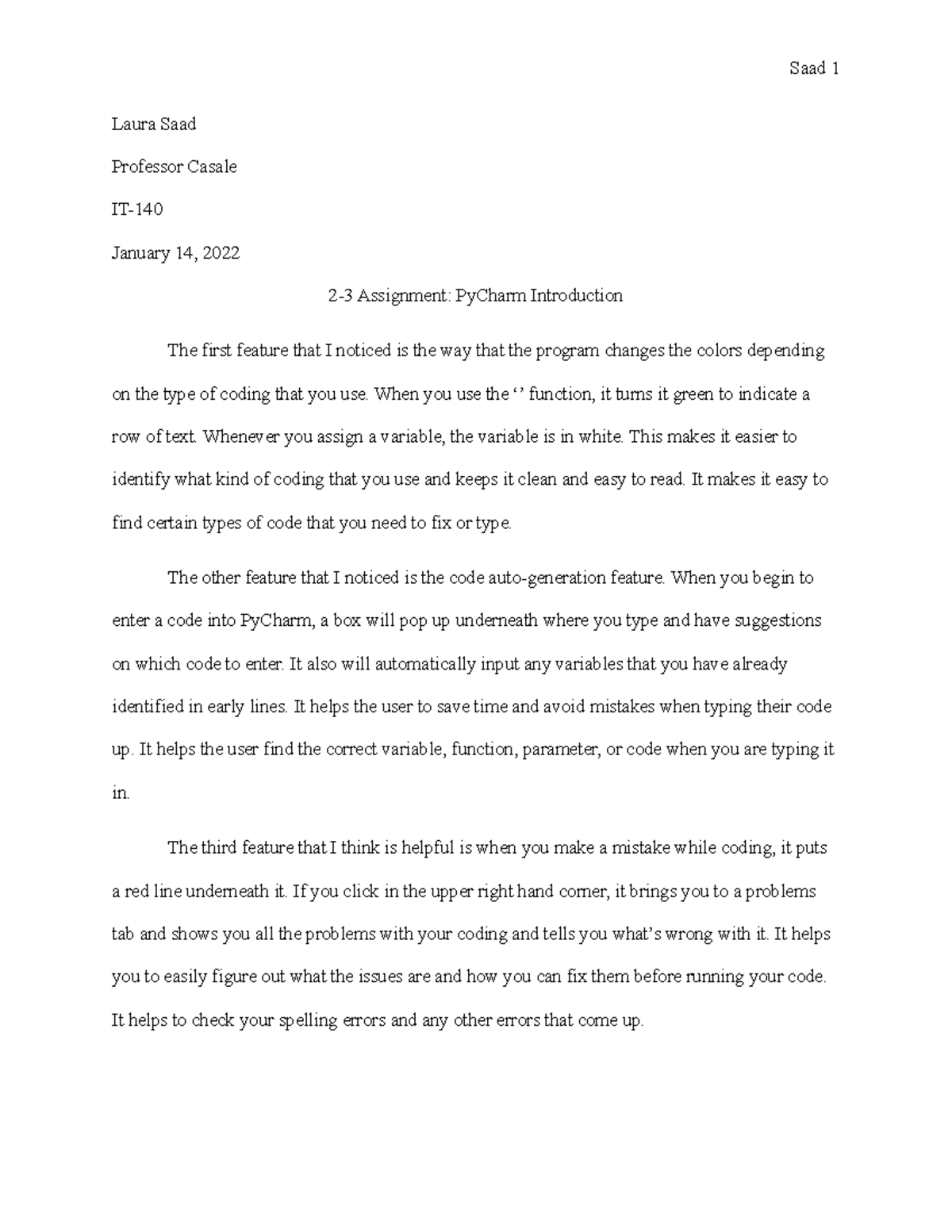 IT-140 2-3 Assignment: PyCharm Introduction - Saad 1 Laura Saad