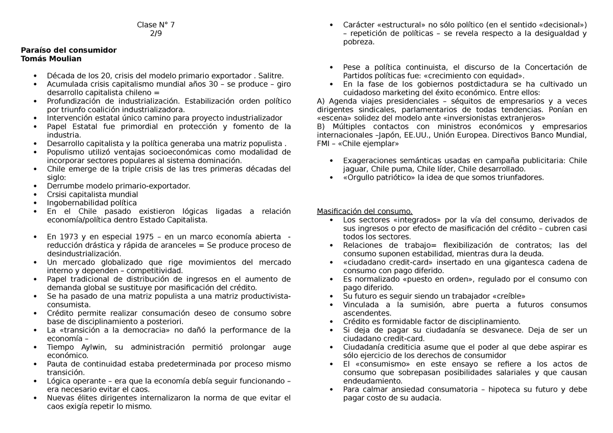 Psico Social Cert 2- Cl7 a Cl11 - Clase N° 7 2/9 Paraíso del consumidor  Tomás Moulian  Carácter - Studocu