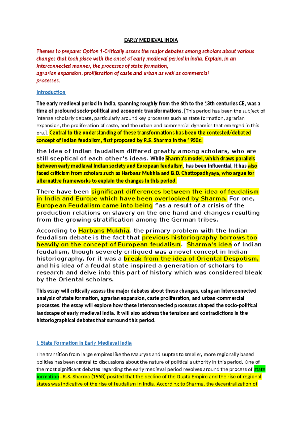 Early Medieval India - EARLY MEDIEVAL INDIA Themes to prepare: Option 1 ...