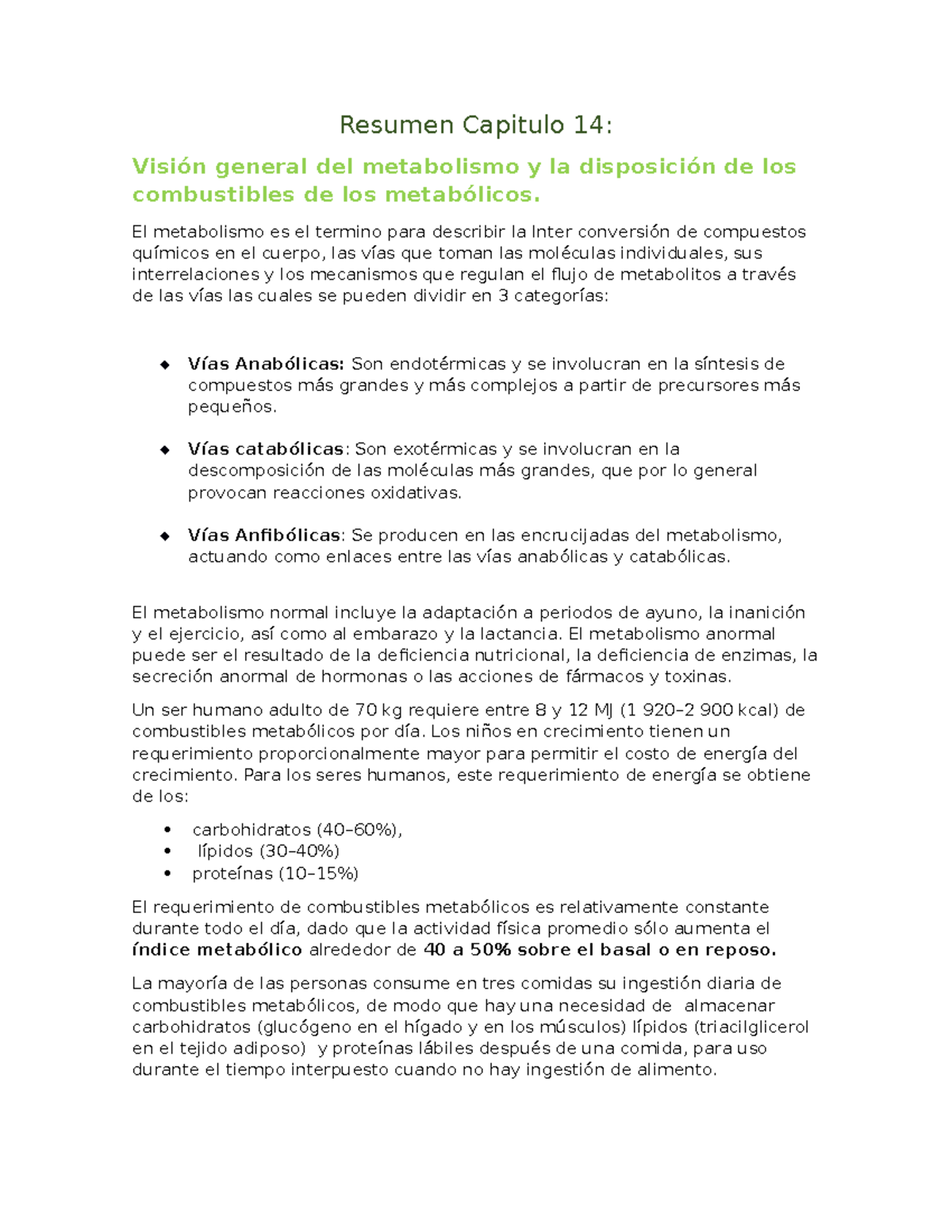 Resumen Capitulo 14 Bioquimica Ilustrada Resumen Capitulo 14 Vision General Del Metabolismo Y La Studocu