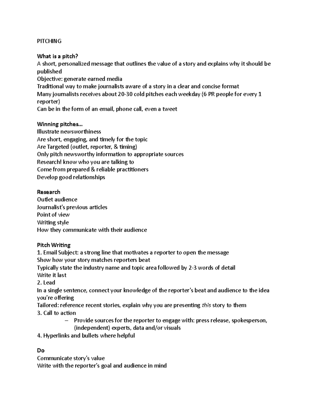 Pitching lecture notes on pitches; do's and don'ts, how to win a