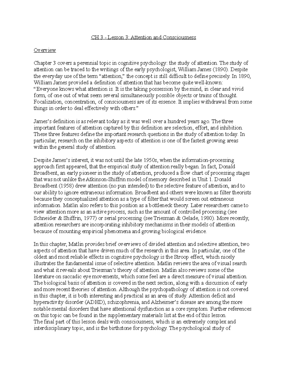 CH 3 Attention and Consciousness - CH 3 - Lesson 3: Attention and ...