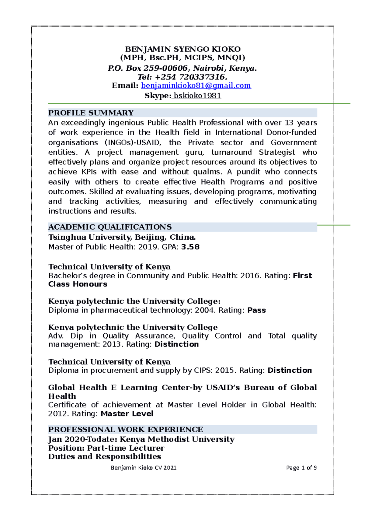 Benjamin-Resume - Amref - BENJAMIN SYENGO KIOKO (MPH, Bsc, MCIPS, MNQI ...