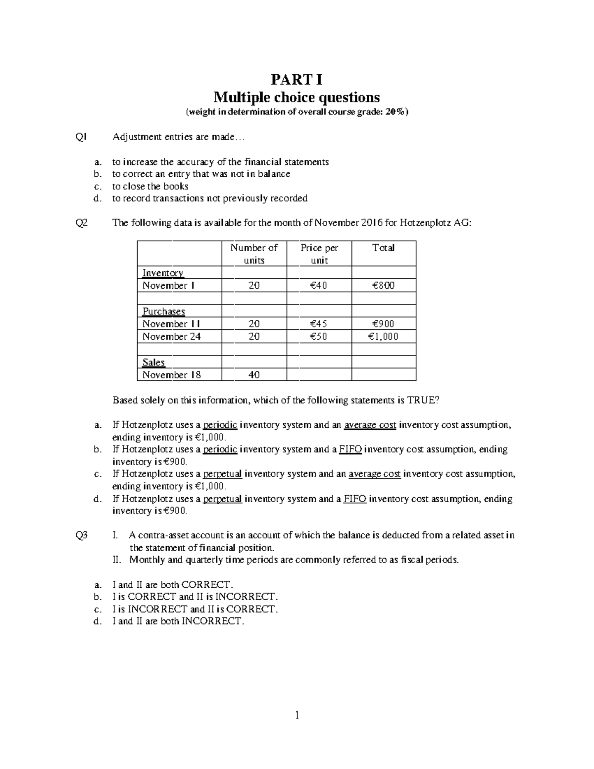 Financial Accounting - Final - Questions - PART I Multiple choice ...