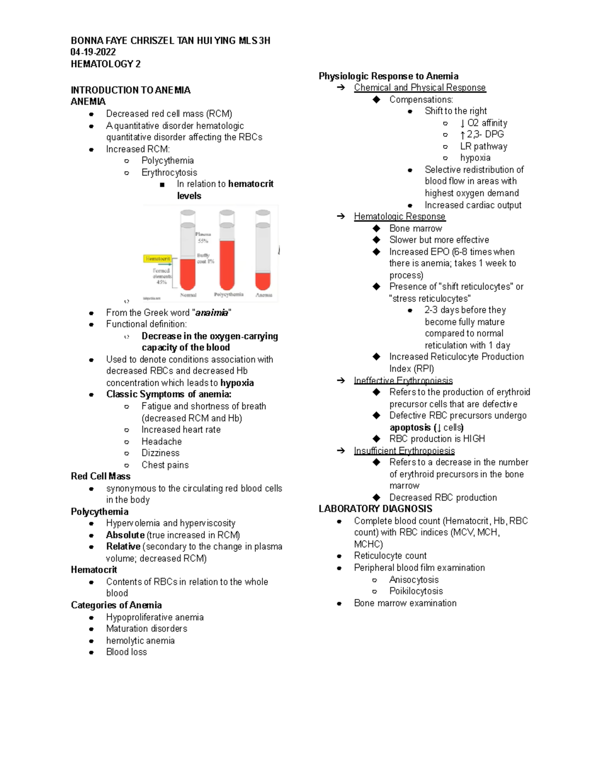 Introduction TO Anemia - 04-19- HEMATOLOGY 2 INTRODUCTION TO ANEMIA ...