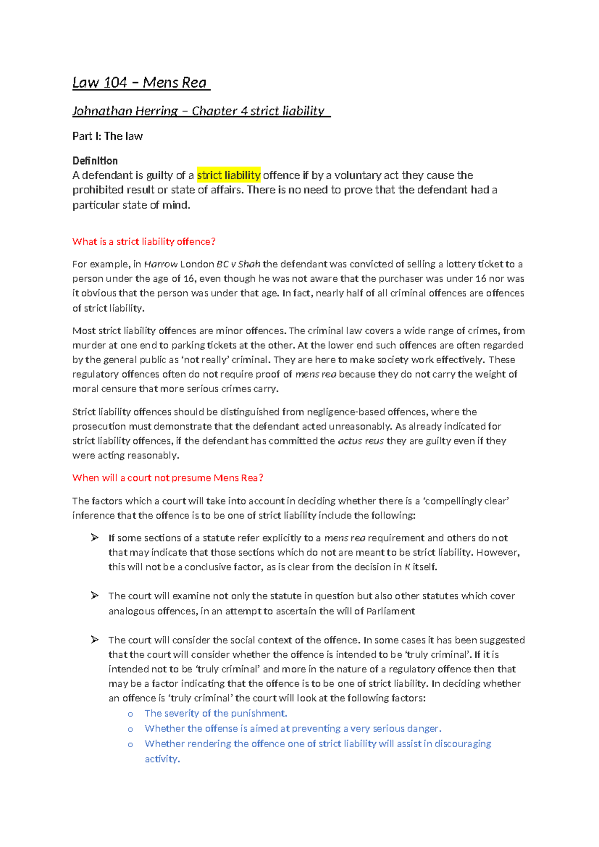 Law 104 chapter 4 - Law 104 – Mens Rea Johnathan Herring – Chapter 4 ...