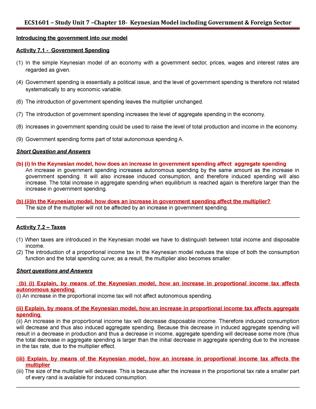 ECS1601 - Study Unit 7 Chapter 18 - Introducing the government into our ...