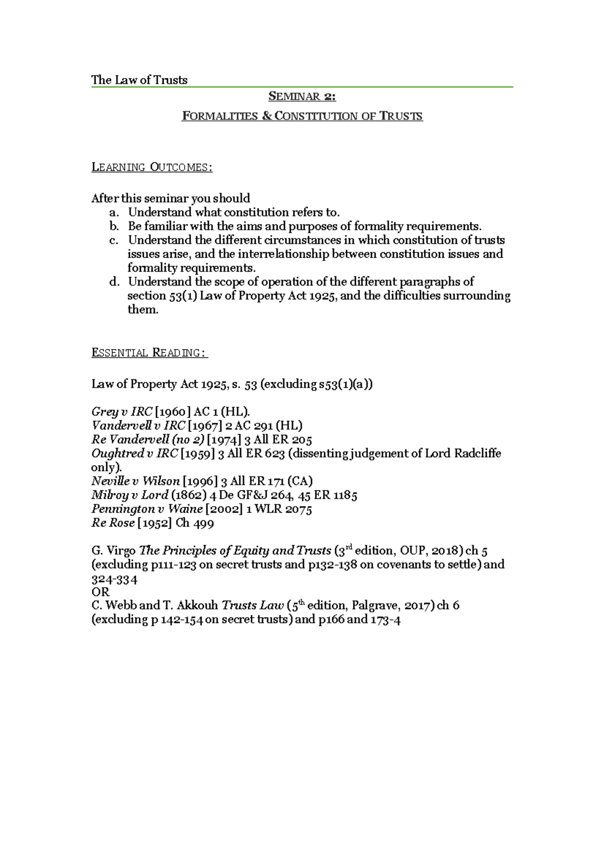 Seminar 2 ED - The Law of Trusts S EMINAR 2: F ORMALITIES ...