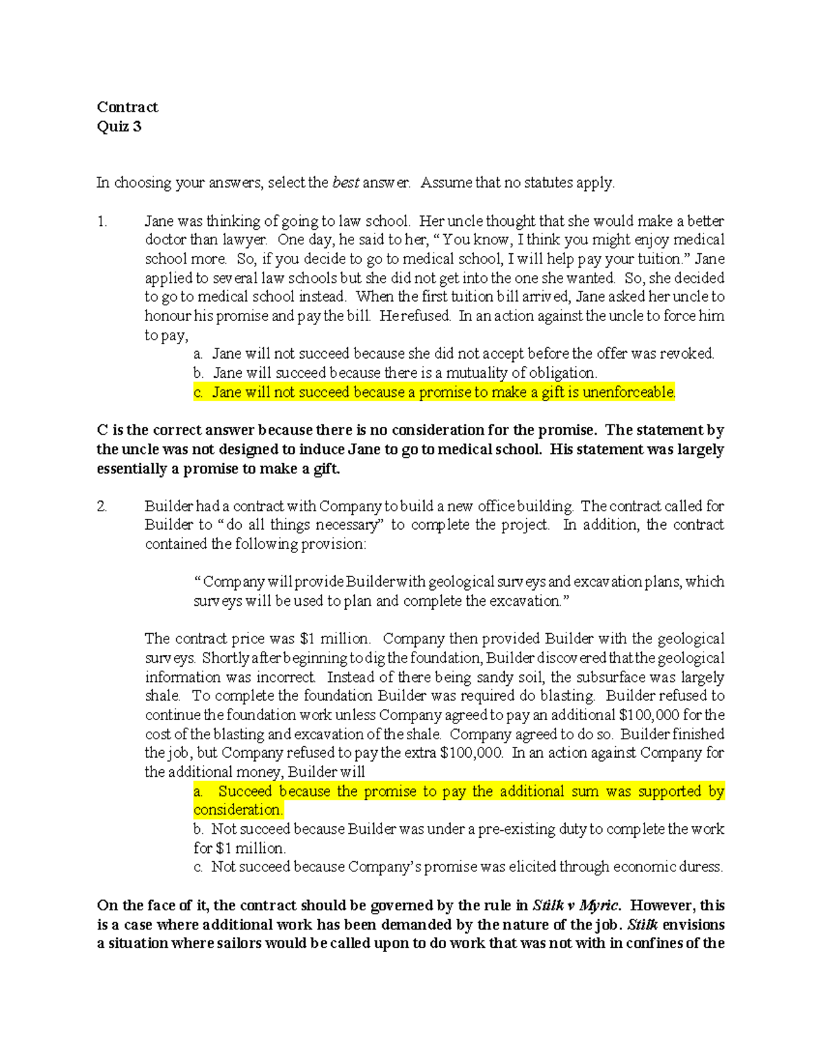 Quiz 3 Answers - Quizzes - Contract Quiz 3 In Choosing Your Answers ...