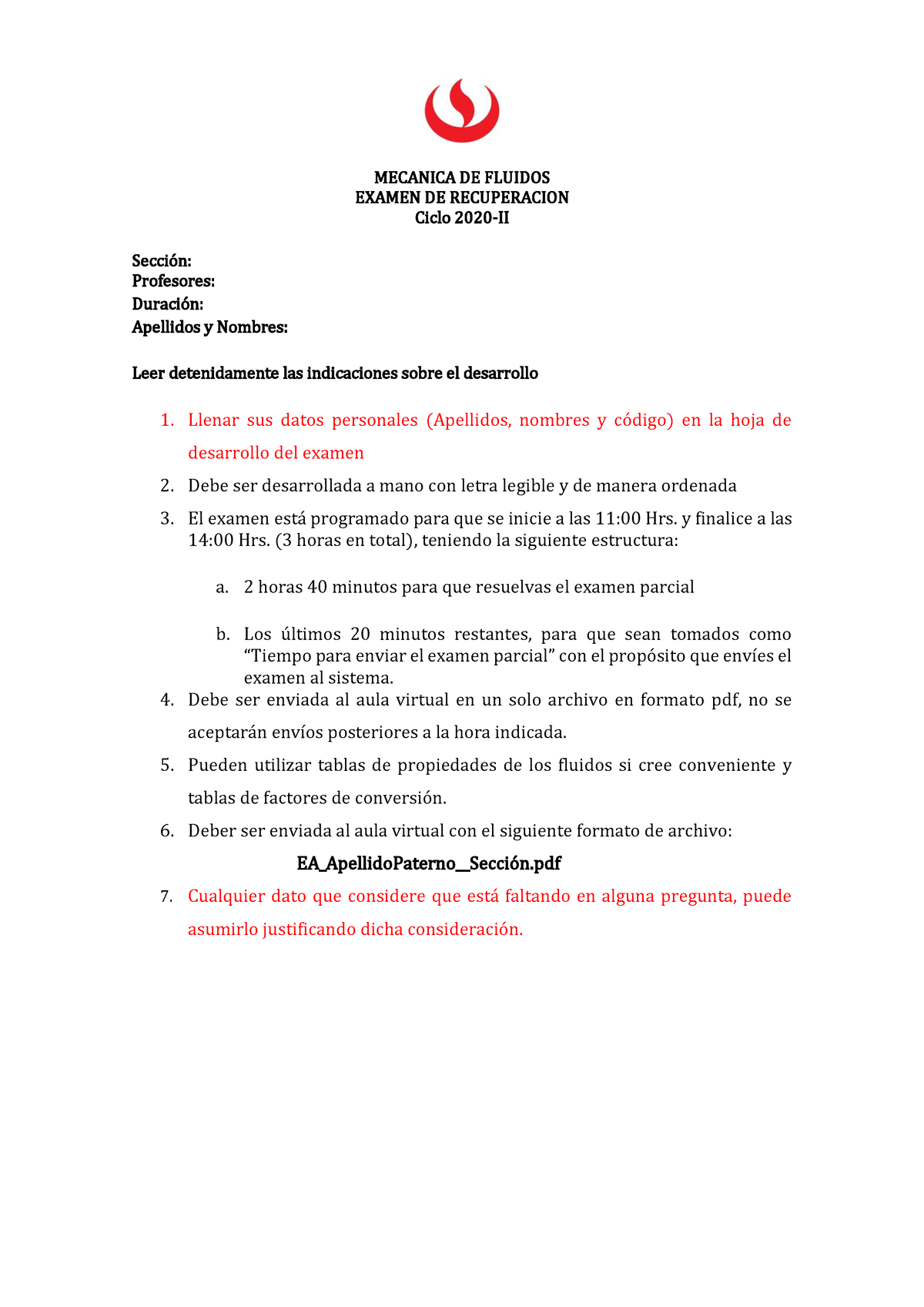 ER 2020-2 - Examen Parcial - MECANICA DE FLUIDOS EXAMEN DE RECUPERACION ...