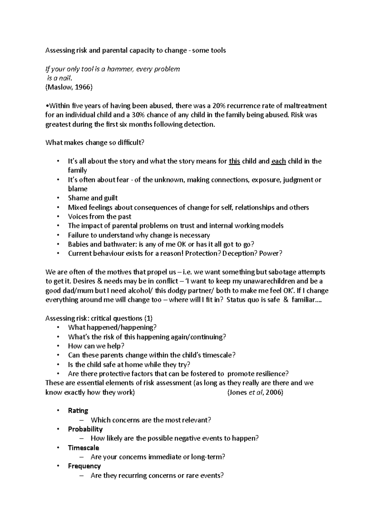 61 - social work lecture notes Assessing risk and parental capacity to ...