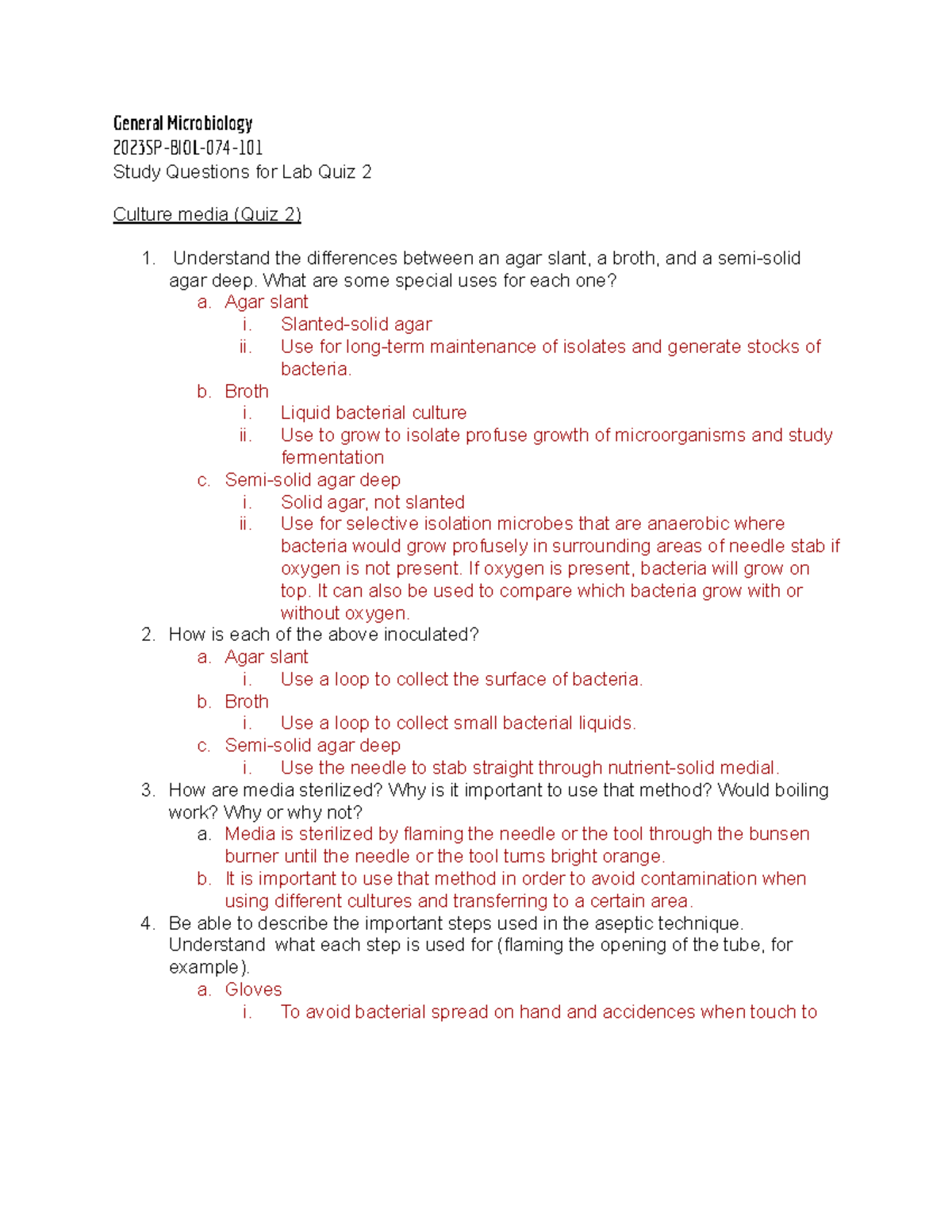 Lab Study Questions Quiz 2 General Microbiology 2023SPBIOL074