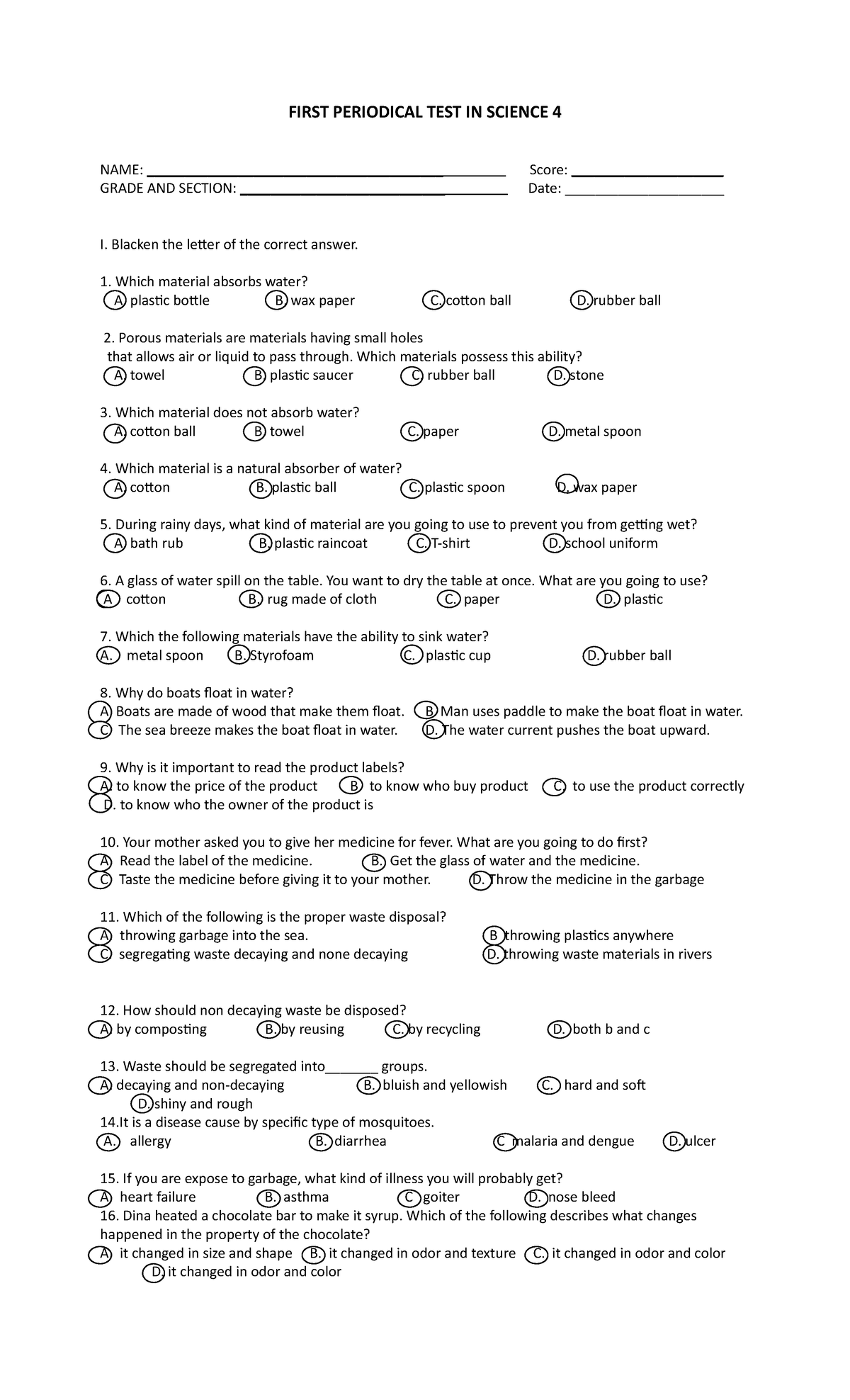 PT Science 4 Q1 Periodical Test FIRST PERIODICAL TEST IN SCIENCE 4