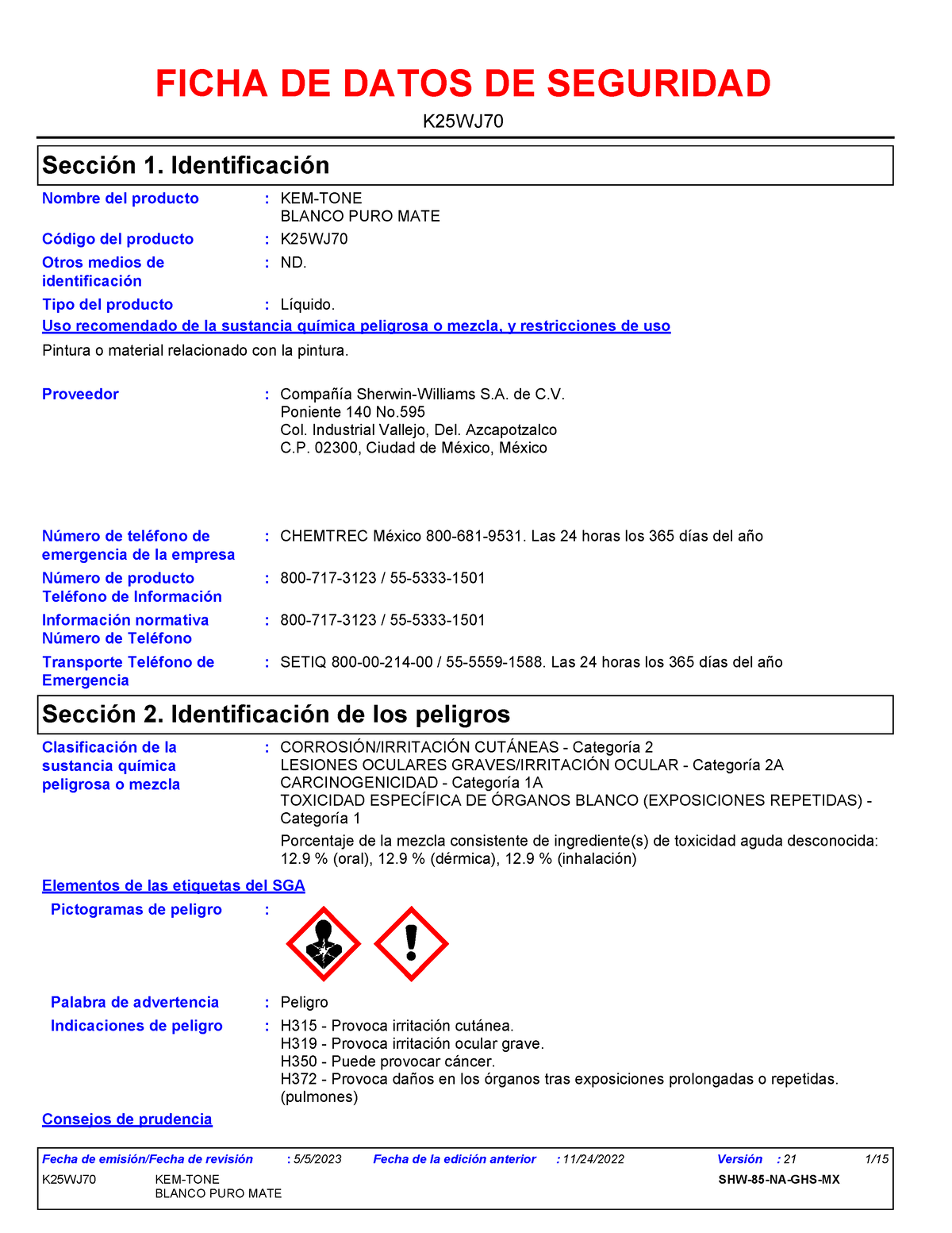 K25WJ70 - HOJA DE SEGURIDAD DE PINTURA SHERWIN WILLIAMS - KEM-TONE ...