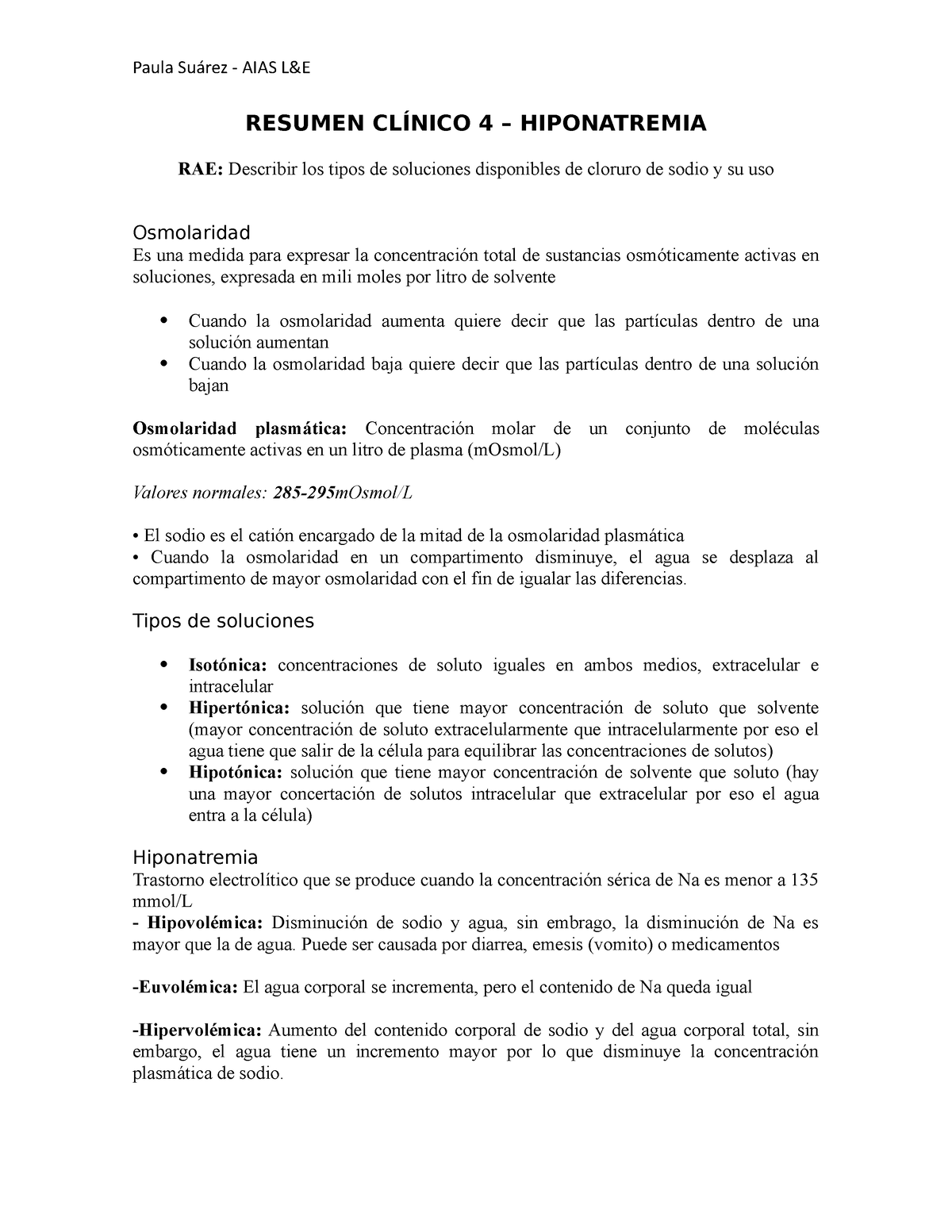 Resumen Clínico 4 - RESUMEN CLÍNICO 4 – HIPONATREMIA RAE: Describir Los ...